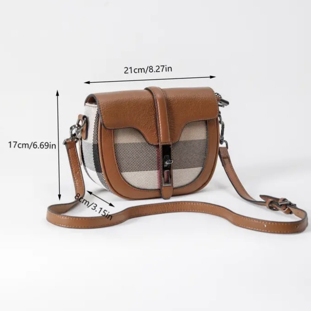 Genuine Leather and Woven Checked Mini Crossbody - Picture 4 of 15